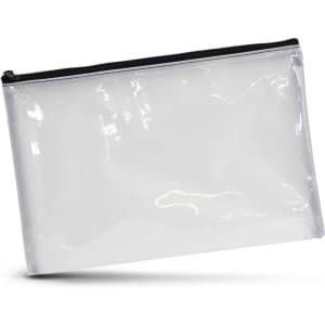 A clear cosmetic bag with a zippered closure, featuring a sleek and modern design.