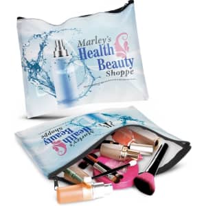 A large cosmetic bag in blue and white, filled with various makeup products and brushes, featuring a logo.