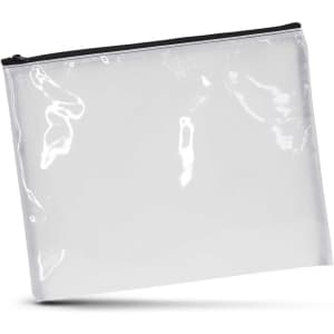A large clear cosmetic bag with a black zipper, featuring a simple, modern design and a logo.