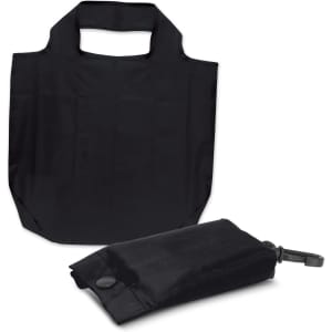 A black foldable reusable grocery bag beside its compact storage pouch, featuring a simple design and a logo.