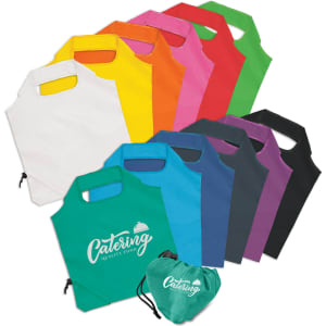 A collection of reusable grocery bags in various colours, featuring a logo on some bags and designed for foldability.