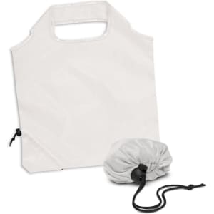 A white reusable grocery bag with a foldaway feature, accompanied by a matching storage pouch.