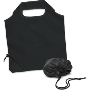 A black reusable grocery bag with a foldable design, accompanied by a matching storage pouch.