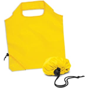 A yellow reusable grocery bag with a foldable design, accompanied by a matching pouch for storage.