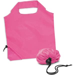 A pink reusable grocery bag that folds into a small pouch for easy storage. It includes a drawstring closure.