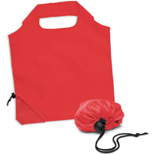 A red foldaway grocery bag with a handle, compactly stored in a matching pouch. Features a logo.