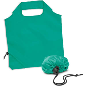 A teal reusable grocery bag, featuring a drawstring pouch for easy storage, with a simple handle design.