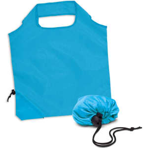 A blue reusable grocery bag with a drawstring pouch for compact storage. The bag features handle cutouts.