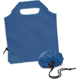 A reusable grocery bag in blue with a drawstring pouch for easy storage, featuring a handle cutout and logo.