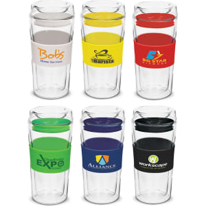 A set of six double wall glass cups in clear with coloured silicone grips and various logos.