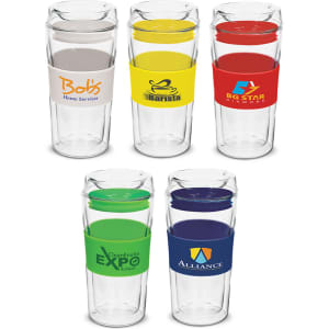 A set of five double wall glass cups with different coloured silicone sleeves and branding.