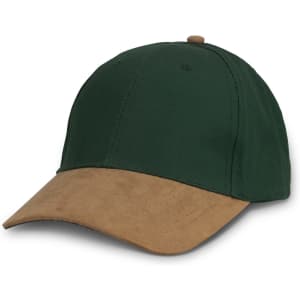 A green cap with a tan suede peak, designed in a casual style suitable for outdoor wear.