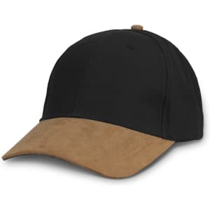 A cap with a black fabric upper and a tan suede visor, featuring a rounded crown and stitched details.