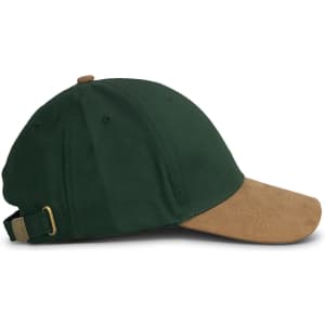 A green and tan Outback Suede Peak Cap featuring a suede visor and an adjustable strap at the back.