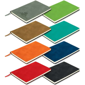 A range of soft cover notebooks in various colours: green, brown, orange, teal, blue, red, and black, each with a logo.