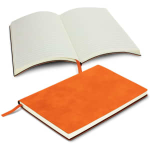 A Genoa Soft Cover Notebook with a vibrant orange cover, open to reveal lined pages and a ribbon bookmark.