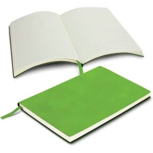 A green soft cover notebook with an open layout, featuring lined pages and a matching ribbon bookmark.