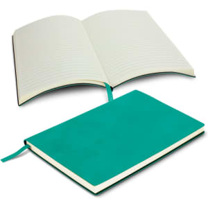 A Genoa Soft Cover Notebook featuring a teal cover, an open layout with lined pages, and a matching ribbon bookmark.