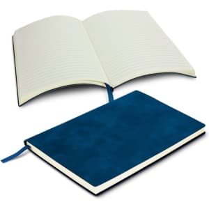 A navy soft cover notebook with lined pages, featuring a ribbon marker and a logo on the cover.