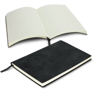 A black soft cover notebook opened to reveal lined pages, with a placeholder ribbon and a logo on the cover.