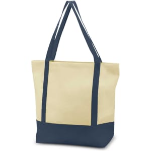 A beige tote bag with navy blue handles and a navy blue base, featuring a logo.