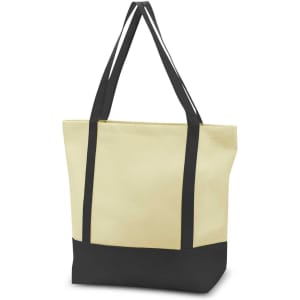 A yellow tote bag with black accents and dual shoulder straps. It features a branding logo.