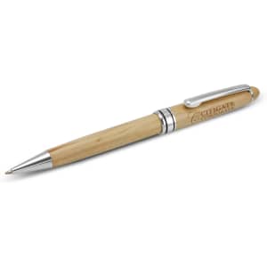 A wooden pen with silver accents and a logo. The barrel has a natural wood finish.