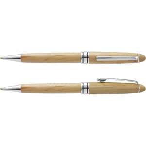 A wooden pen with metallic accents, featuring a natural wood finish and a sleek design.