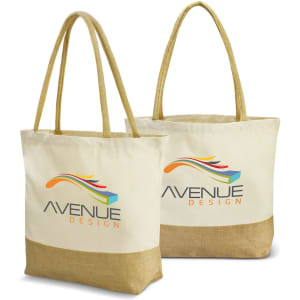 A cream tote bag with a brown base and long handles, featuring a logo on one side.
