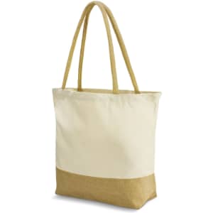 A beige tote bag with a natural hessian bottom and two sturdy handles. It has a branded logo on one side.