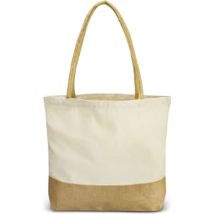 A natural tote bag with a cream upper section and a jute lower section, featuring long, tan handles.