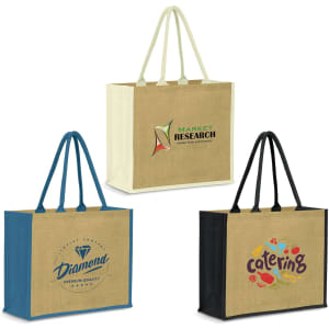 Three jute tote bags in natural, teal, and black, featuring logos and branding on the front.