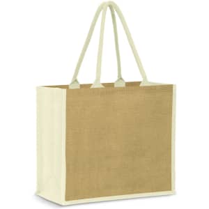 A jute tote bag in natural brown with light cream handles and sides, featuring a simple branded logo.