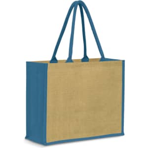 A jute tote bag in natural and blue, featuring two long handles and a simple design.