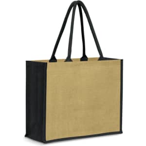 A jute tote bag in natural and black colours with long handles and a simple design. It features a branding logo.