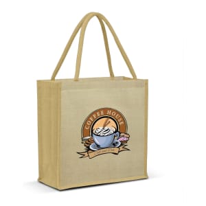 A beige tote bag featuring an illustration of a coffee cup with pastries and a logo. It has two sturdy handles.