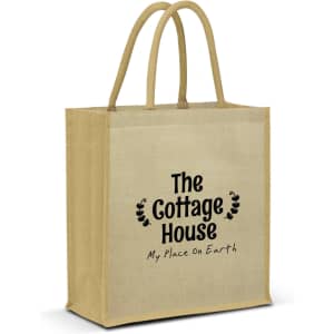 A natural-toned tote bag with two handles and a logo on the front. It has a simple, rectangular design.