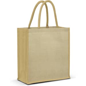A beige jute tote bag with two sturdy handles and branding visible on one side.