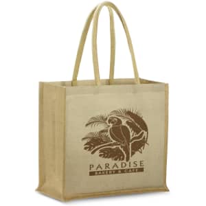 A natural jute tote bag in beige with a logo featuring a parrot and tropical design.