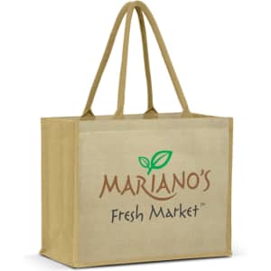 A tote bag featuring a natural jute material with handles, prominently displaying the logo "Mariano's Fresh Market."