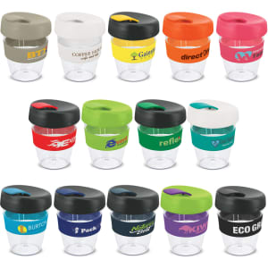 A drink bottle collection featuring various colours and designs, each with a lid and a branding logo.