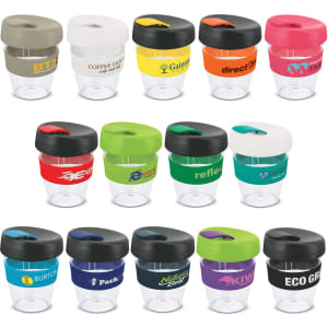 A drink bottle collection featuring various colours and designs with plastic bodies and silicone lids. Each has a logo.