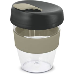 A drink bottle featuring a clear body with a black lid and a beige silicone band. It has a logo on the side.