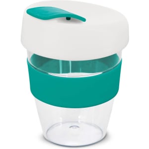 A drink bottle featuring a clear body with a teal band and a white lid. It has a logo on the side.