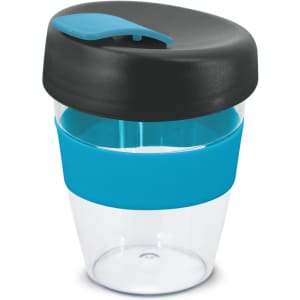 A drink bottle with a clear body, black lid, and a turquoise silicone band. It has a logo on the side.