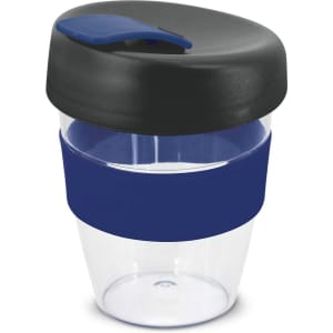 A drink bottle featuring a transparent body, blue silicone band, and a black lid. It has a branded logo.
