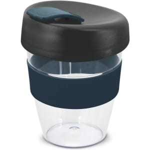 A drink bottle featuring a clear body with a black lid and a navy silicone grip. It has a logo on the side.