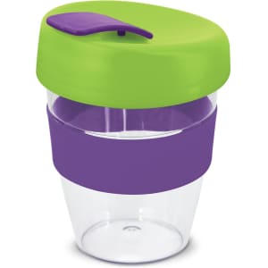 A drink bottle featuring a transparent body with a purple band and a green lid. It has a logo on the side.
