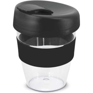 A drink bottle featuring a clear body, a black silicone grip, and a black lid. It has a logo on the side.