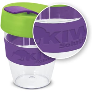A drink bottle with a clear body, green lid, and purple silicone band. It features a logo on the side.